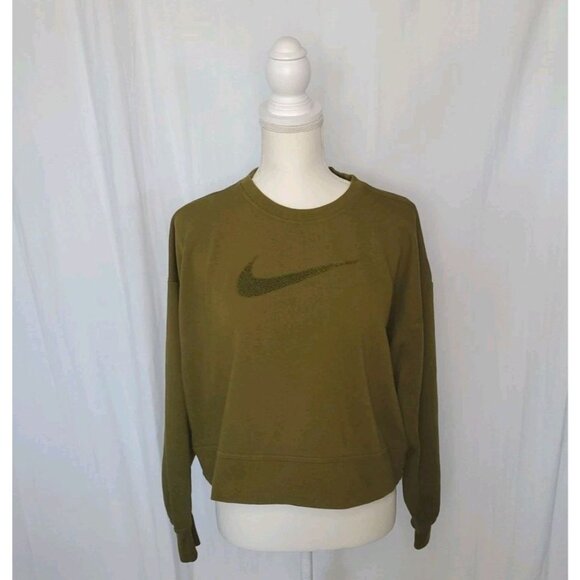 Nike Tops - Nike Oversized Cropped Long Sleeve Crew Neck Sweatshirt Olive Green Textured SzM